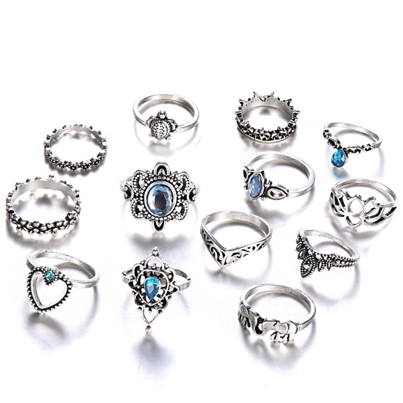 Last 1!🔹13pc. Boho Vintage Silver Stone Ring Set - Picture 3 of 8